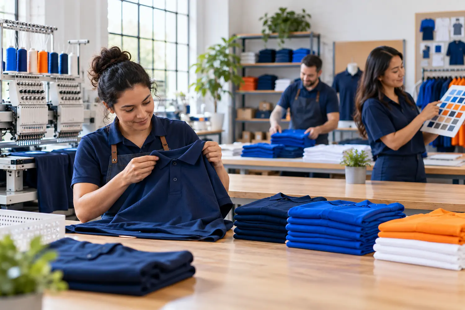 Custom apparel production team checking embroidery quality, organizing garments, and reviewing colors