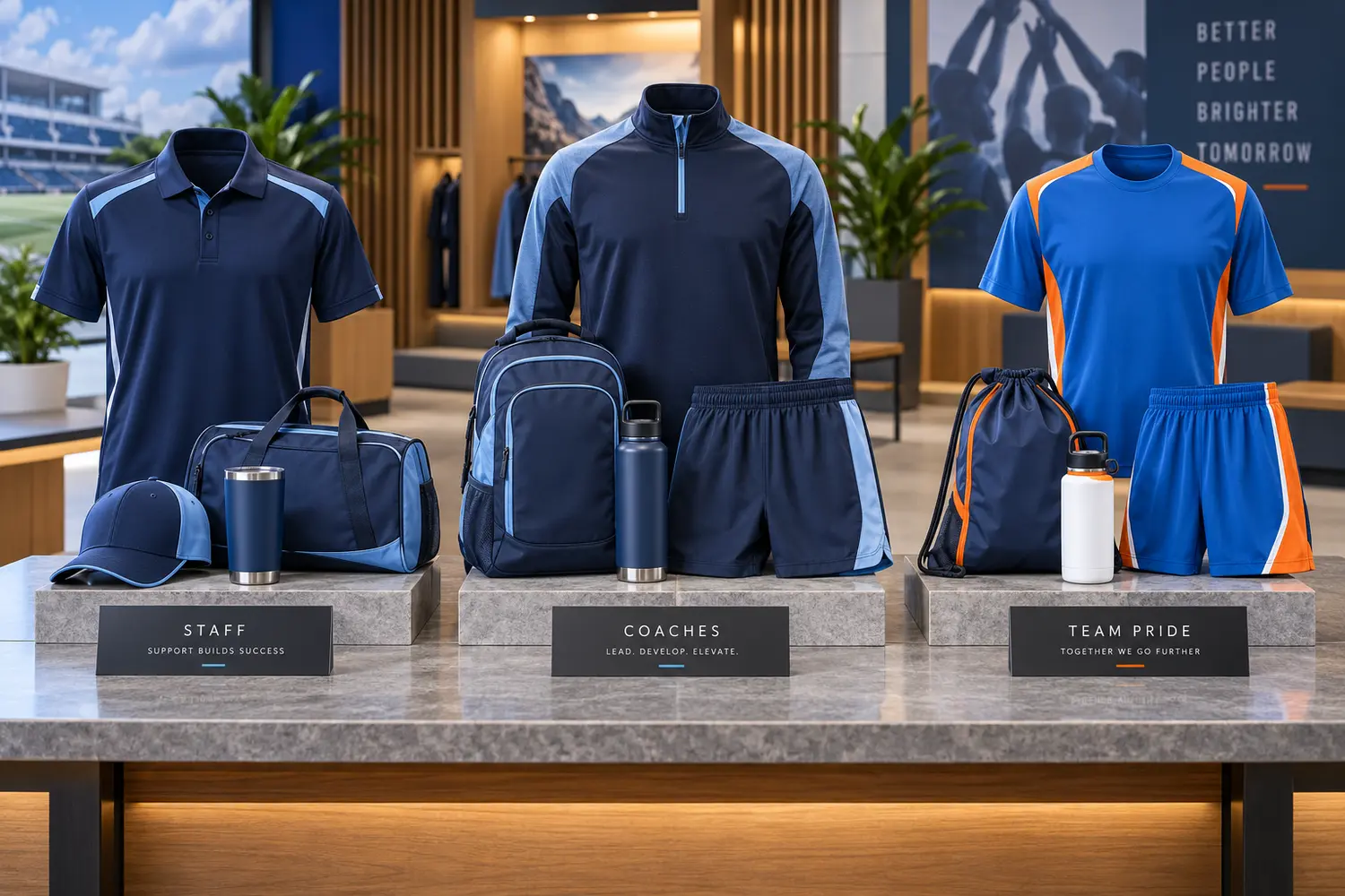 Coordinated staff, coaches, and team apparel packages with bags, caps, and drinkware