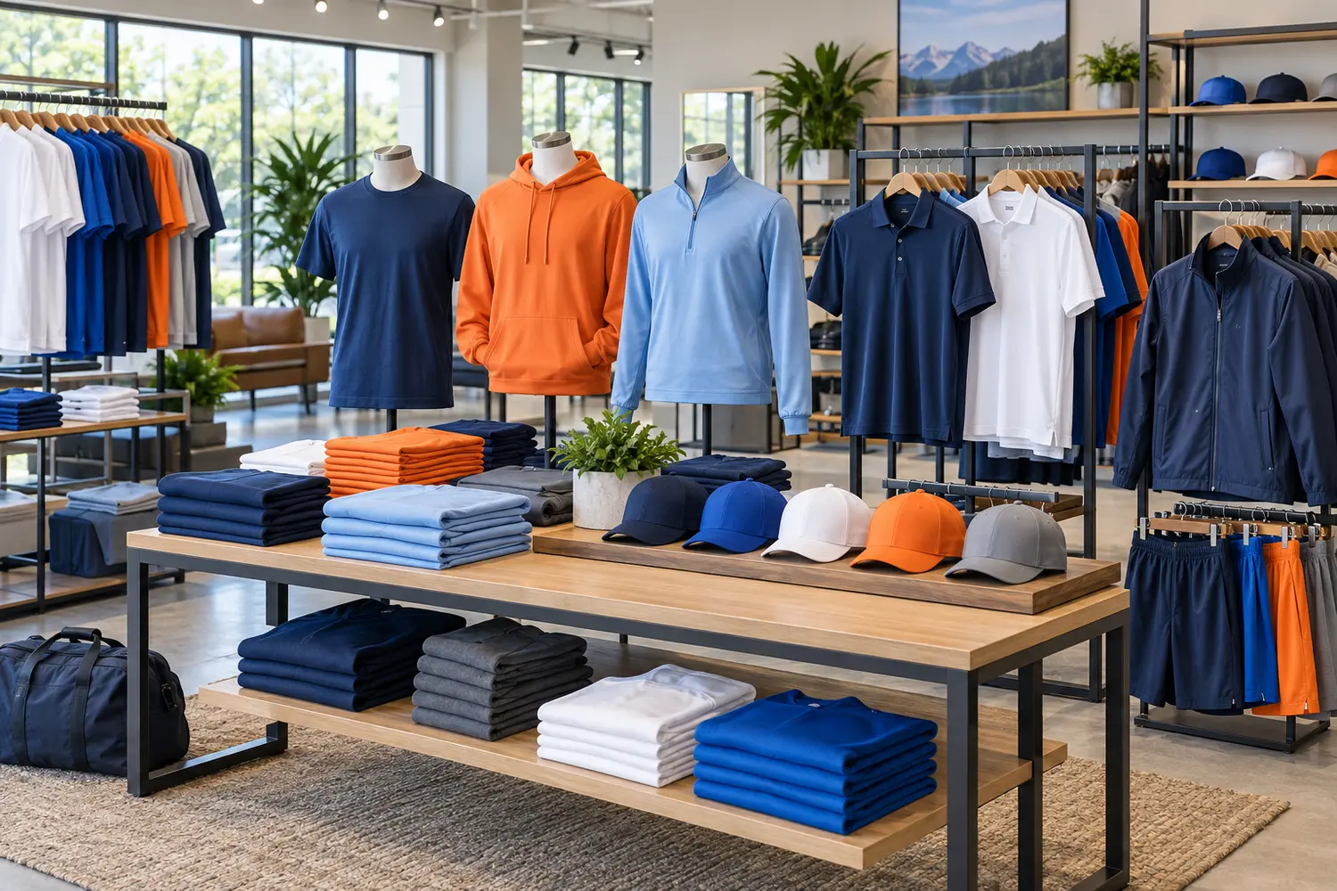 Premium blank apparel showroom with shirts, polos, hoodies, jackets, caps, and shorts
