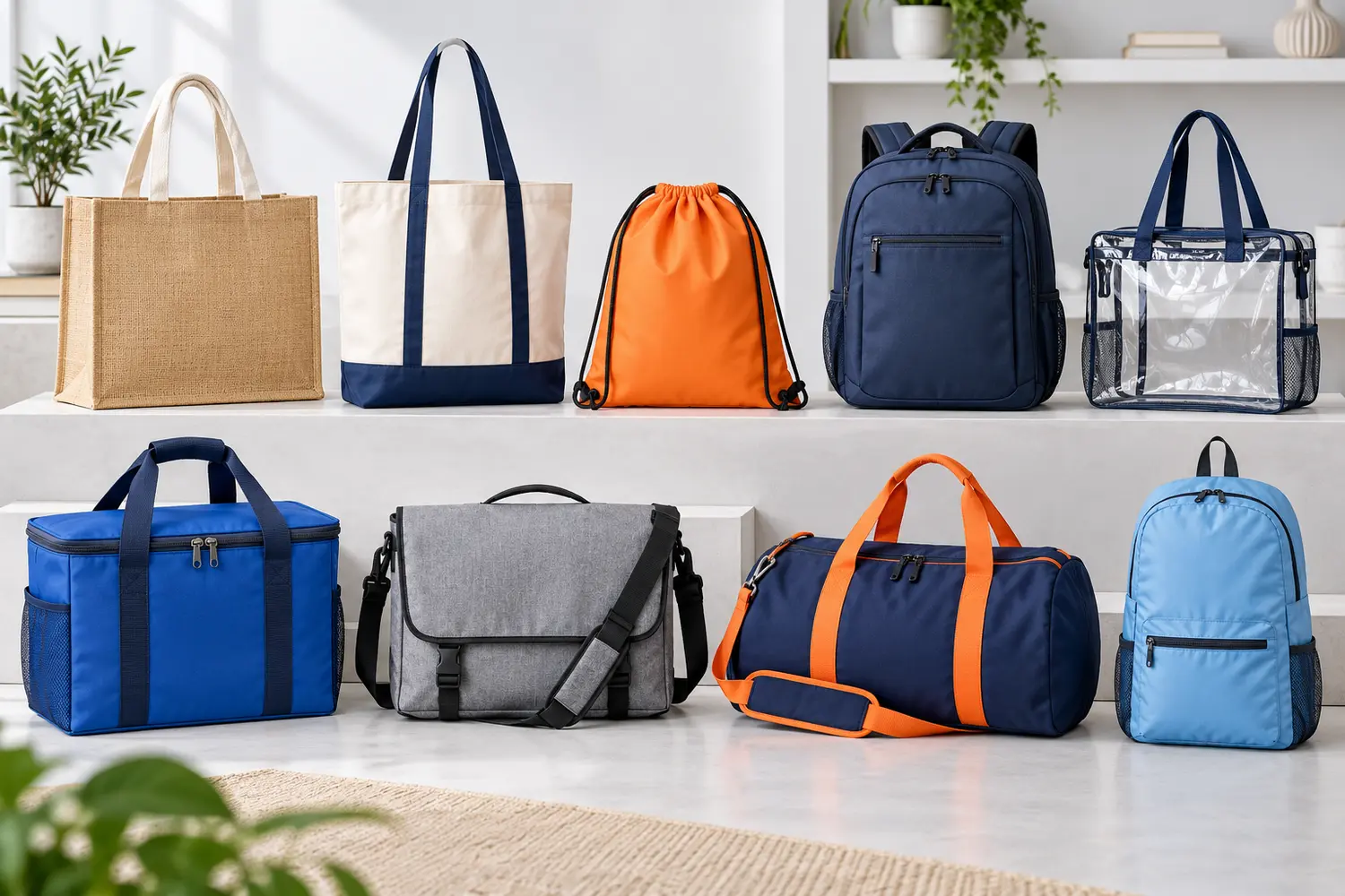 Jute and canvas totes, drawstring bag, backpacks, stadium bag, cooler, messenger, and duffel
