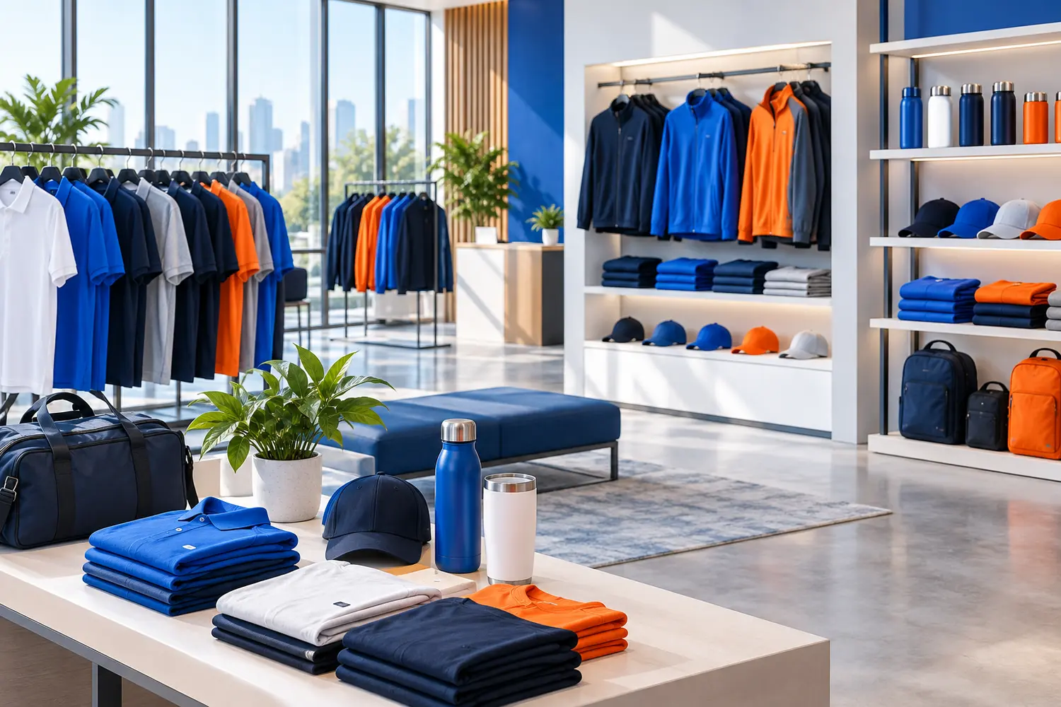 Premium blank apparel showroom with polos, tees, fleece, jackets, caps, bags, and drinkware