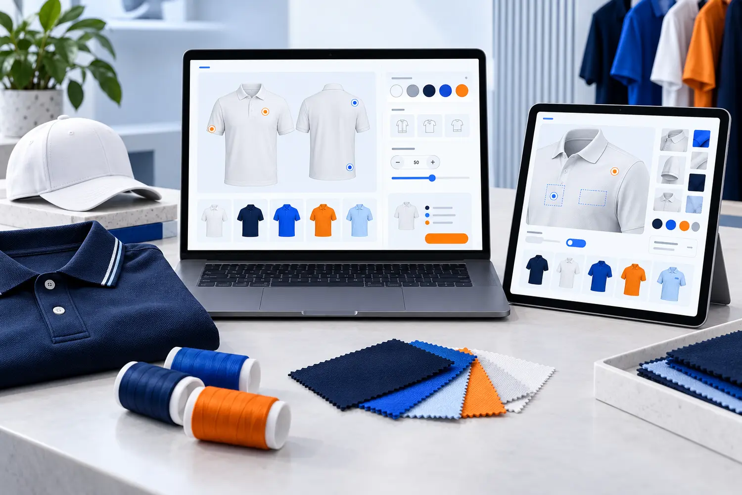 Laptop and tablet displaying an apparel quote builder with polo colors and decoration locations