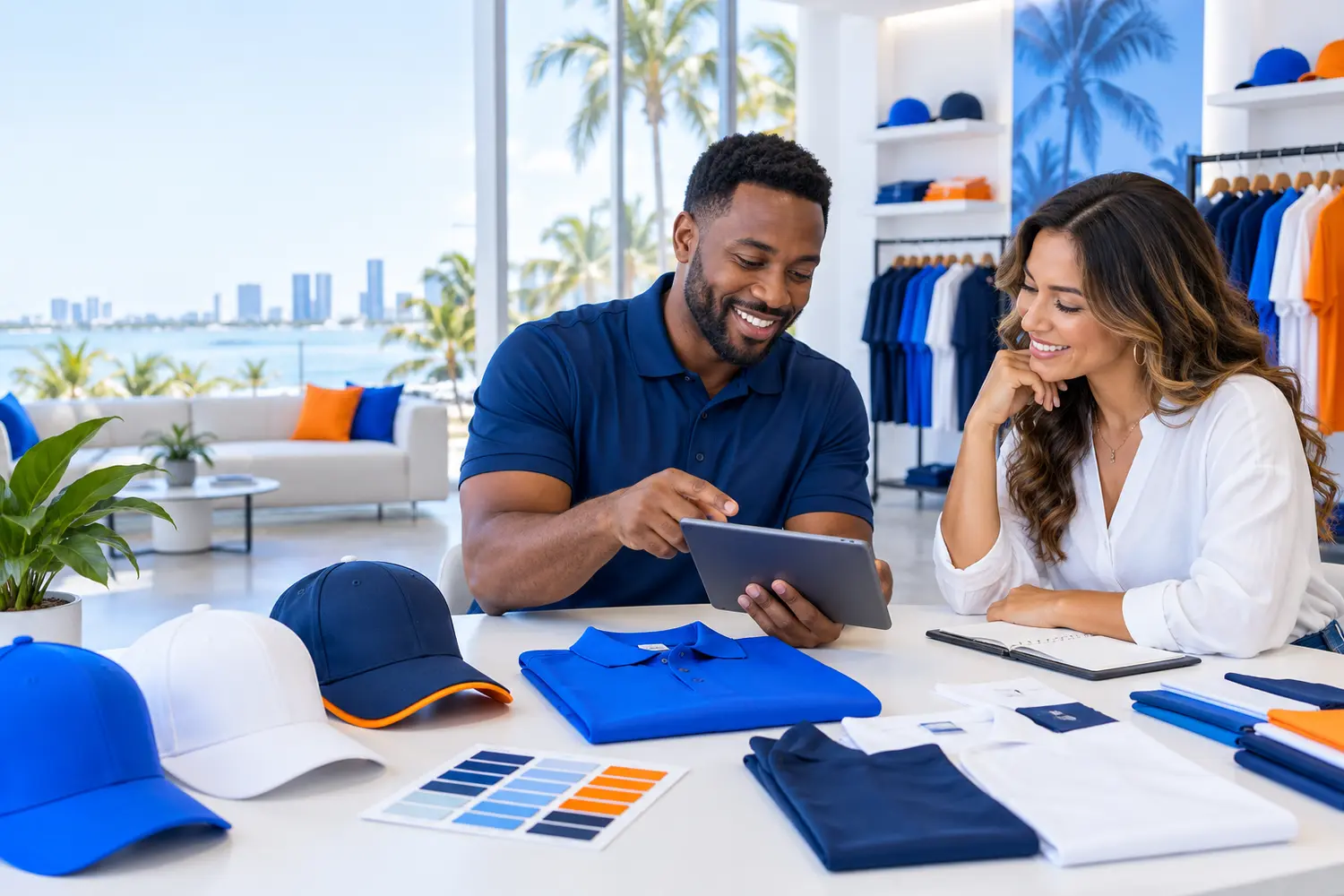 Custom apparel specialist helping a client compare polos, caps, and color options in a bright showroom