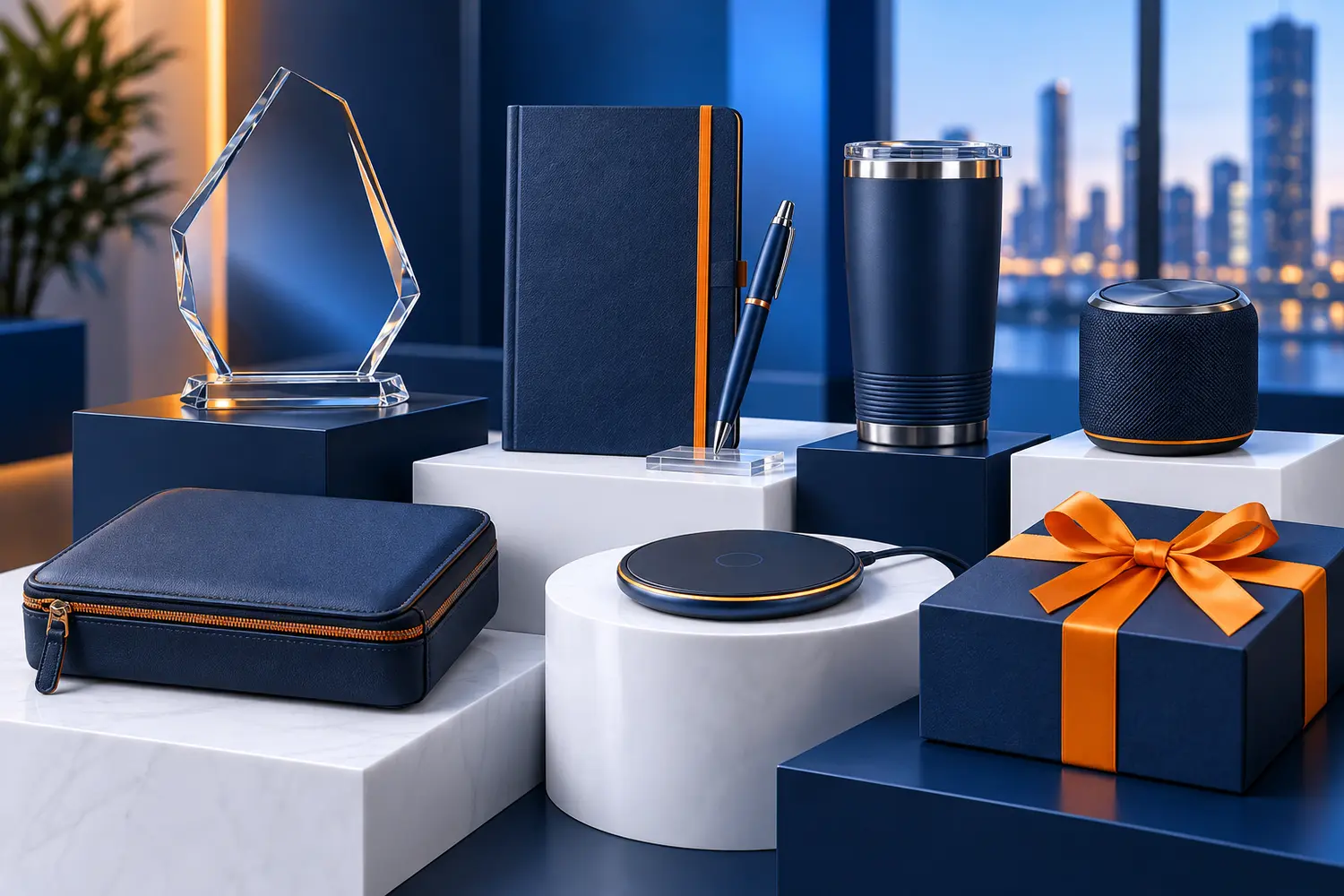 Executive recognition gifts with glass award, journal, pen, tumbler, speaker, charging pad, organizer, and gift box