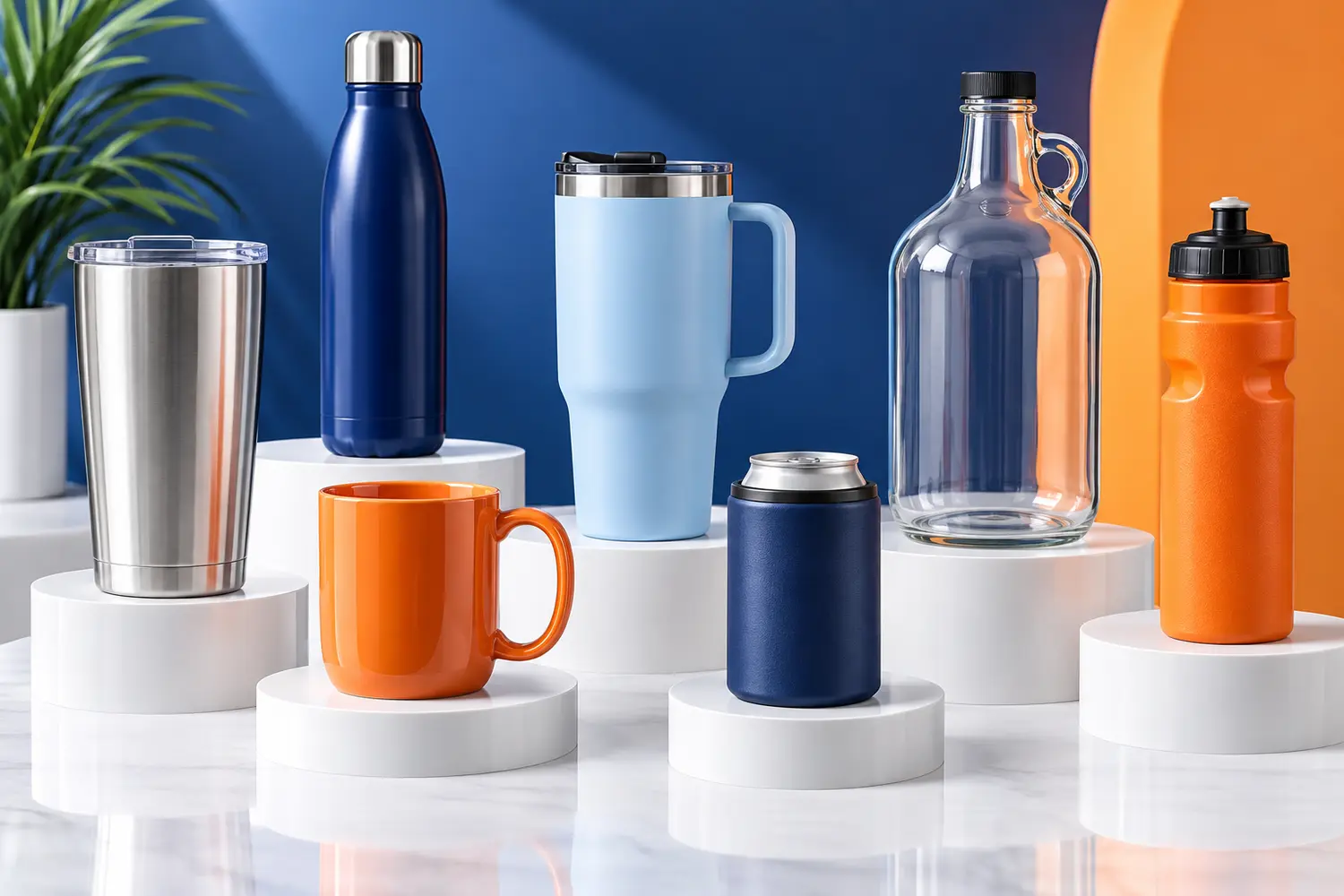 Premium blank tumblers, bottles, mugs, glass jug, sports bottle, and can cooler