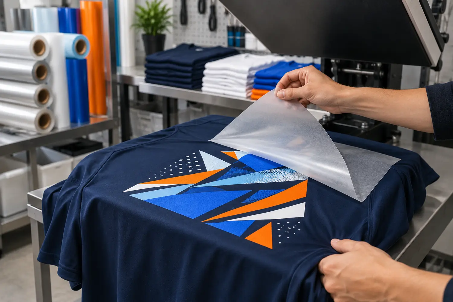Full-color DTF transfer being peeled from a navy shirt at a professional heat-press station