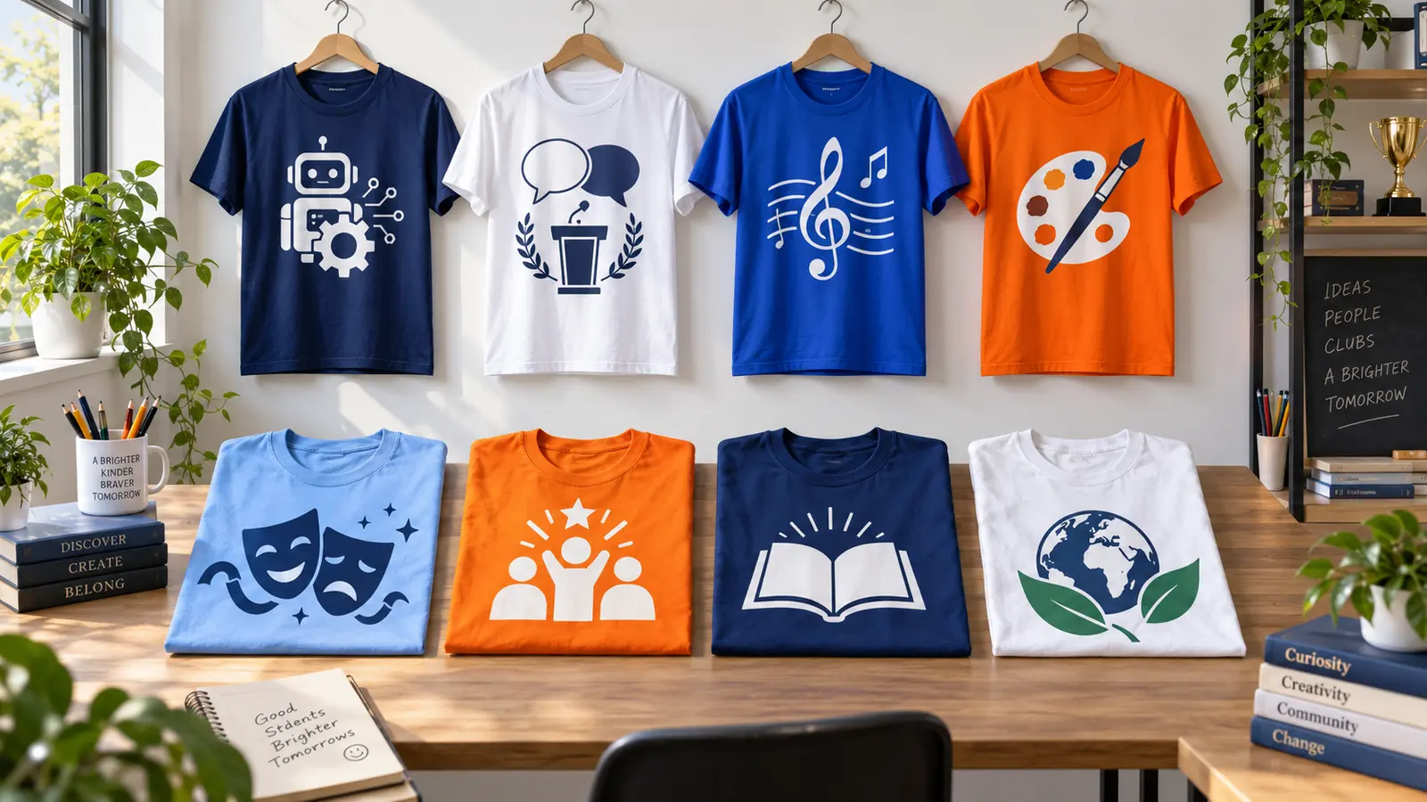 Original school club T-shirt concepts for robotics, debate, music, art, drama, leadership, reading, and environmental clubs