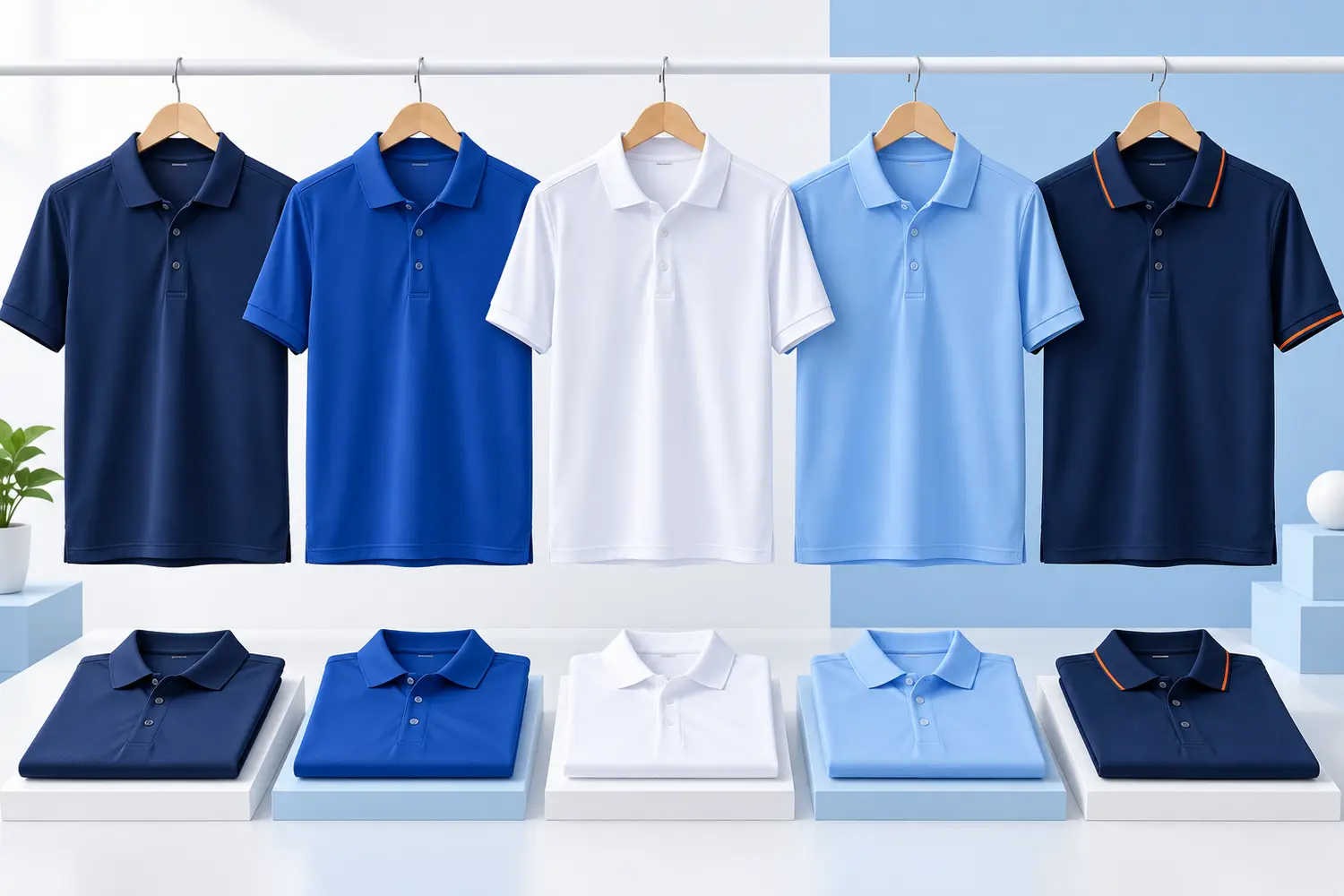 Five performance polo color options for an educator workweek