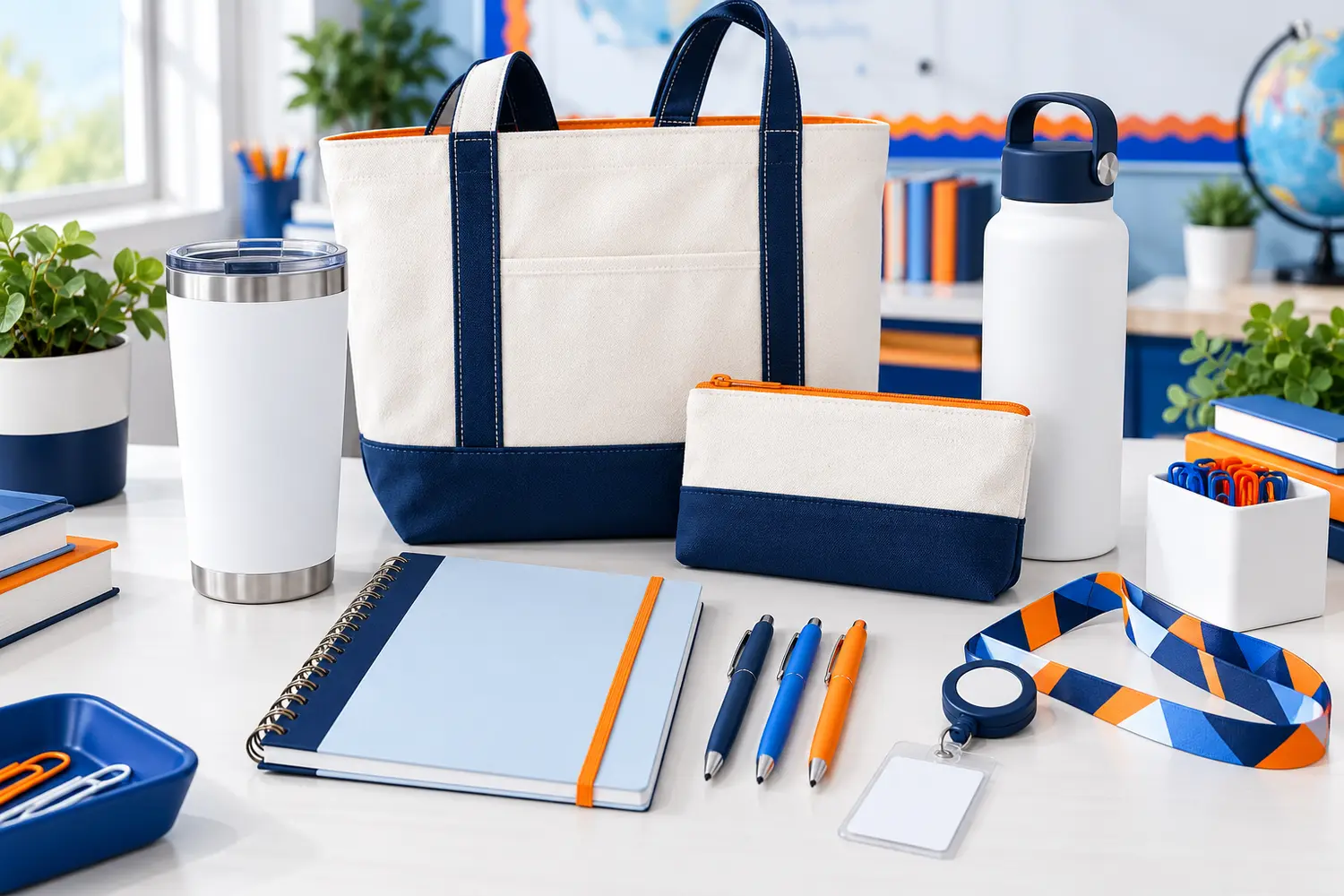 Personalized teacher tote, tumblers, notebook, pens, lanyard, and badge reel