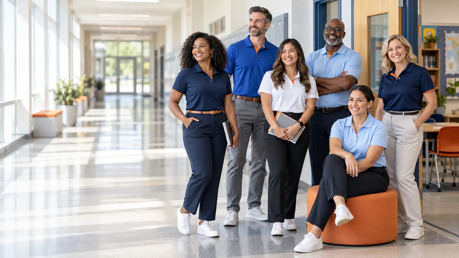 Teachers and school administrators wearing coordinated performance polos