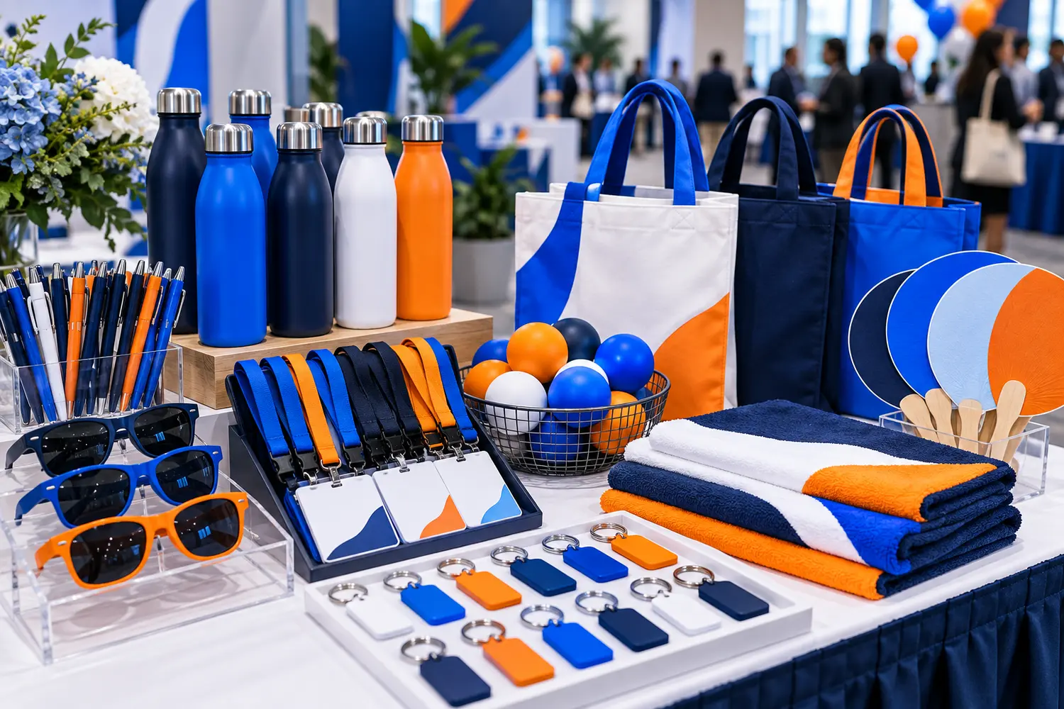 Event giveaway table with reusable bottles, bags, lanyards, pens, towels, sunglasses, fans, and key tags