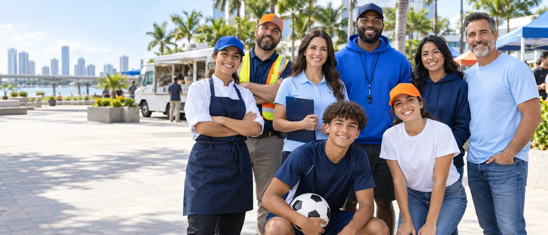 People from many industries and organizations wearing coordinated custom apparel