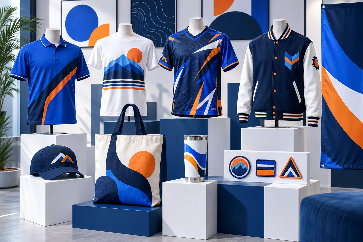 Curated display of custom polos, shirts, uniforms, jacket, cap, tote, tumbler, patches, and banner