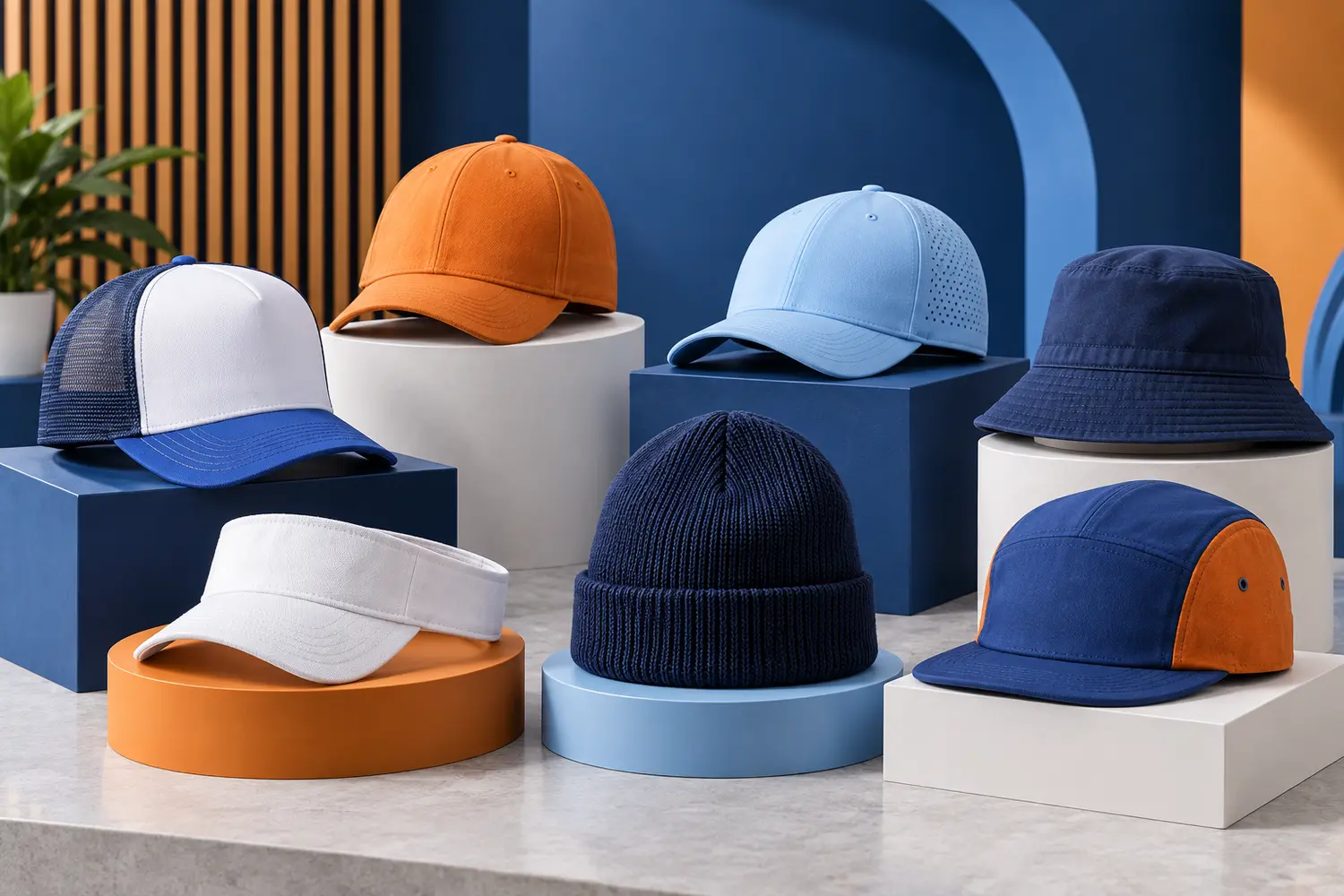 Premium blank caps, trucker hat, visor, bucket hat, beanie, and five-panel hat display
