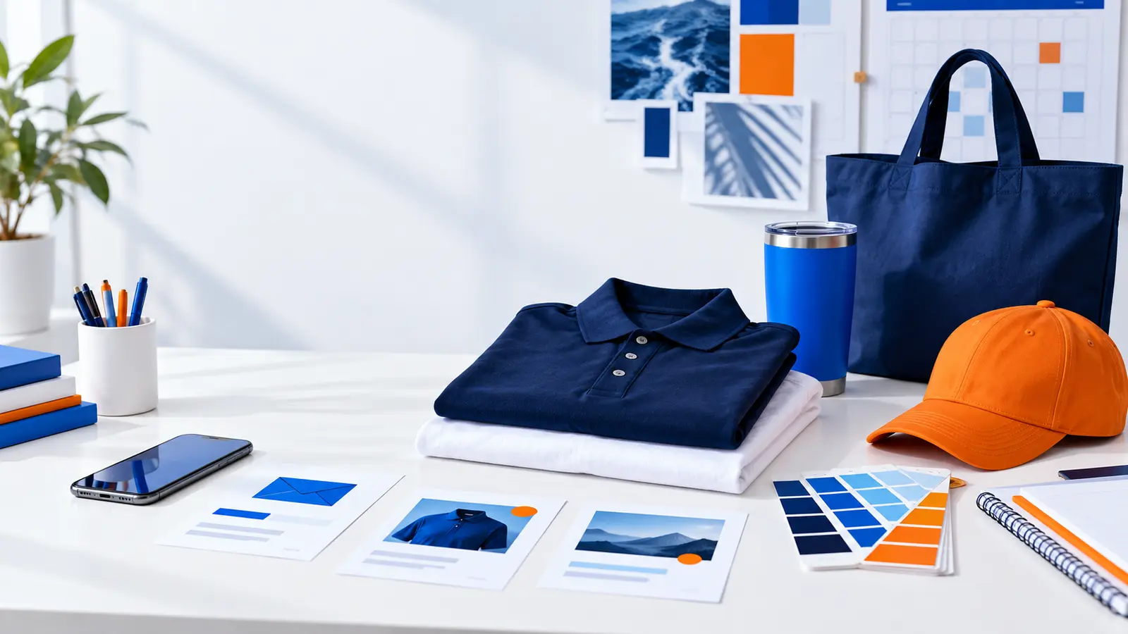 Apparel, drinkware, tote, cap, color swatches, and email campaign planning materials