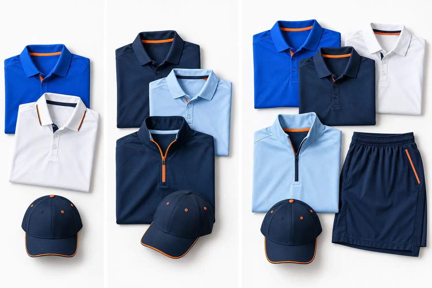 Three coaches apparel tiers with performance polos, pullover, shorts, and cap