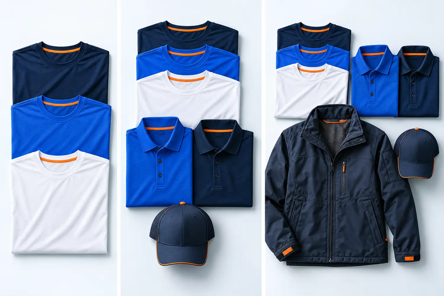 Three contractor workwear tiers with performance tees, polo, work jacket, and cap