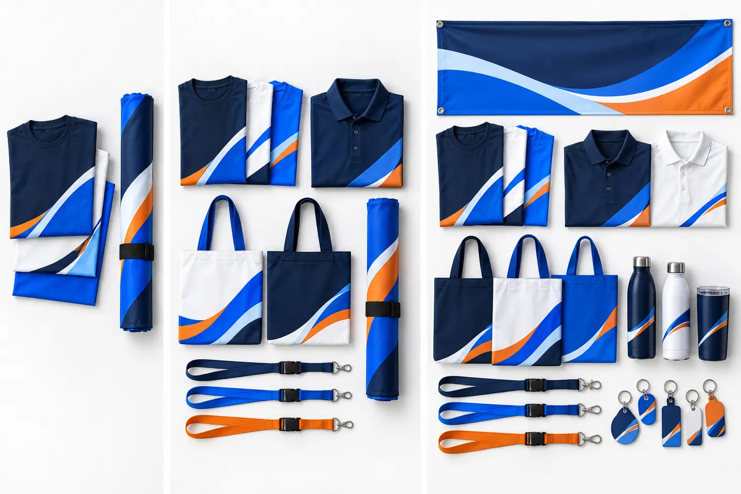 Three event launch kit tiers with event shirts, polos, banner, totes, lanyards, drinkware, and key tags