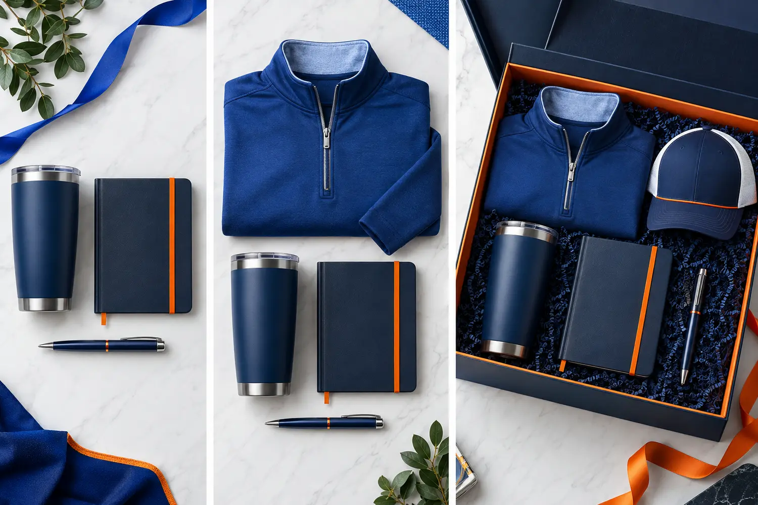 Three executive gift tiers with premium apparel, drinkware, journal, pen, cap, and gift box