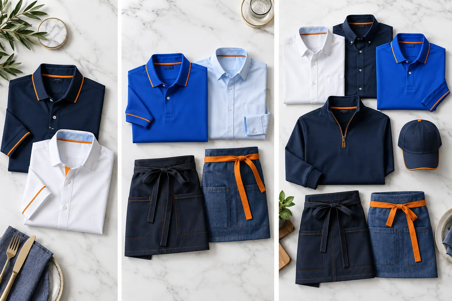 Three hospitality uniform tiers with polo, button down shirt, aprons, quarter zip, and cap