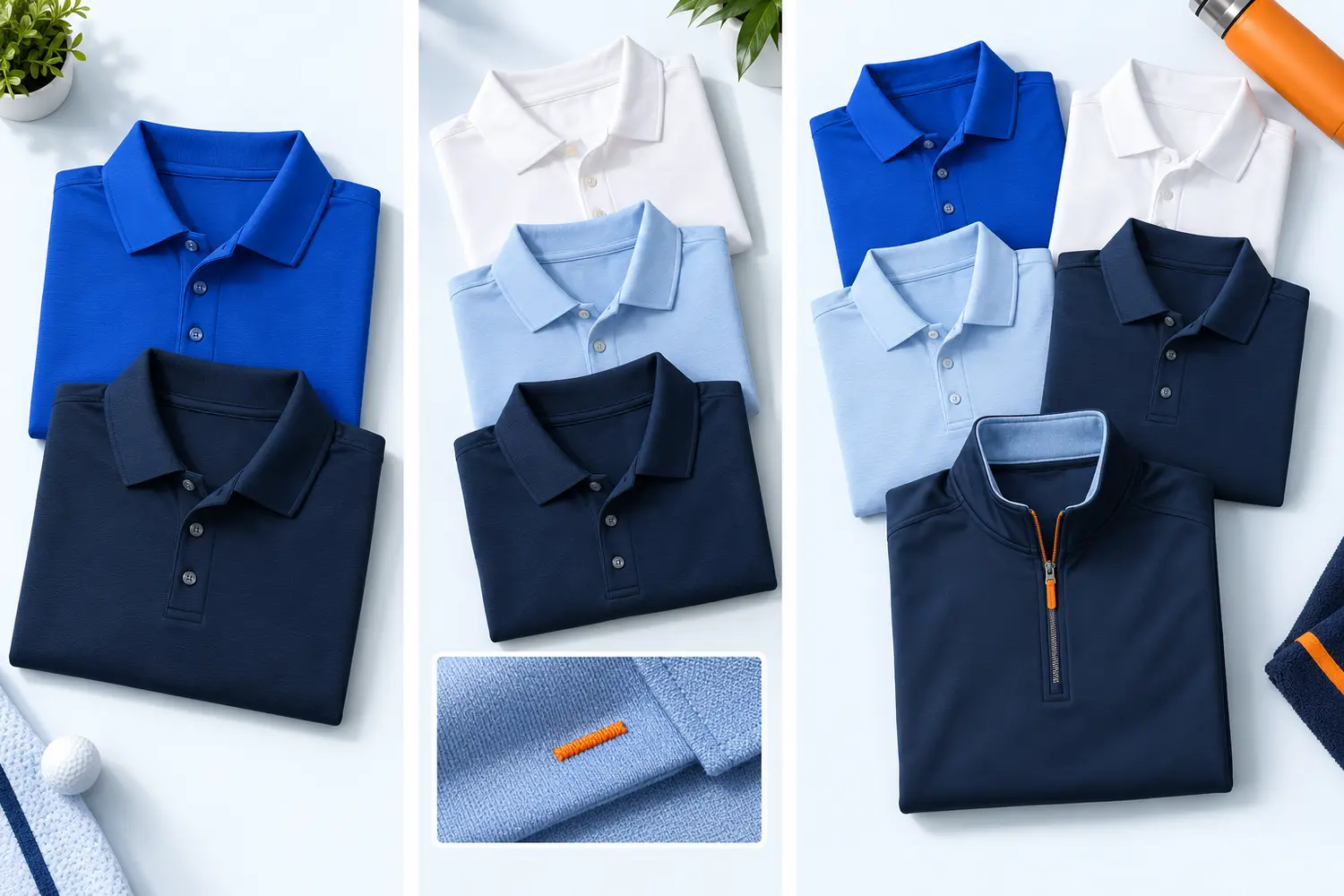 Three polo uniform package tiers with embroidered polos, quarter zip, and cap