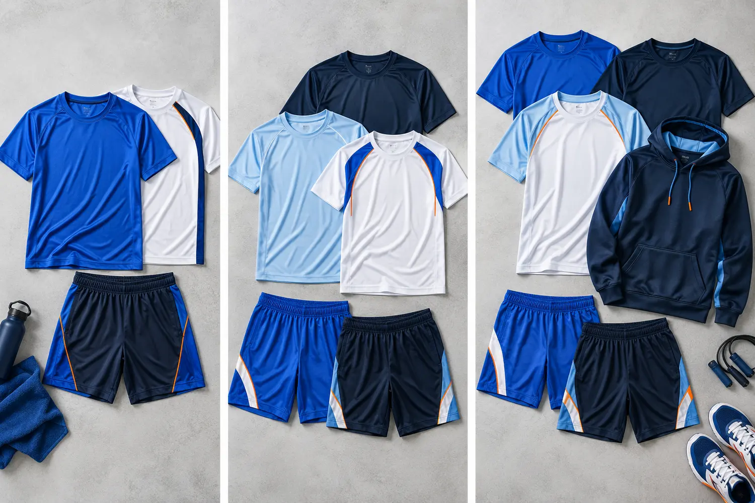 Three school pride apparel tiers with performance shirts, shorts, and hoodie