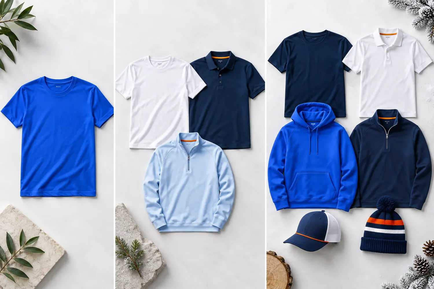 Three quarterly apparel program tiers with shirts, hoodie, jacket, cap, beanie, and tote