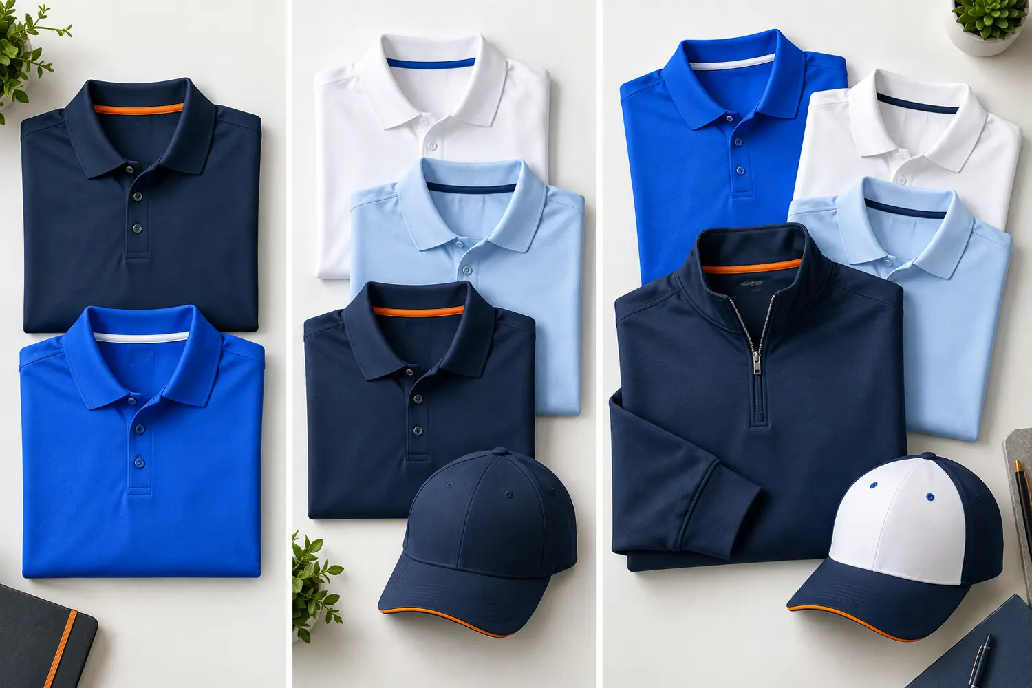Three staff uniform tiers with polos, quarter zip, and cap