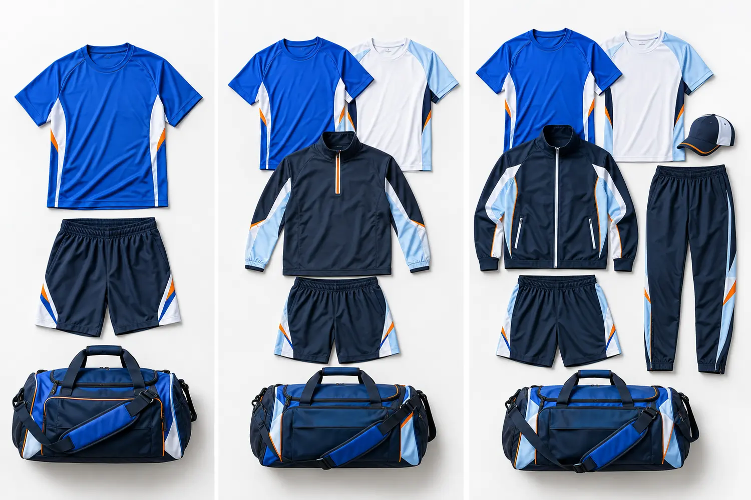 Three team travel tiers with performance apparel, warmup suit, cap, and personalized duffel