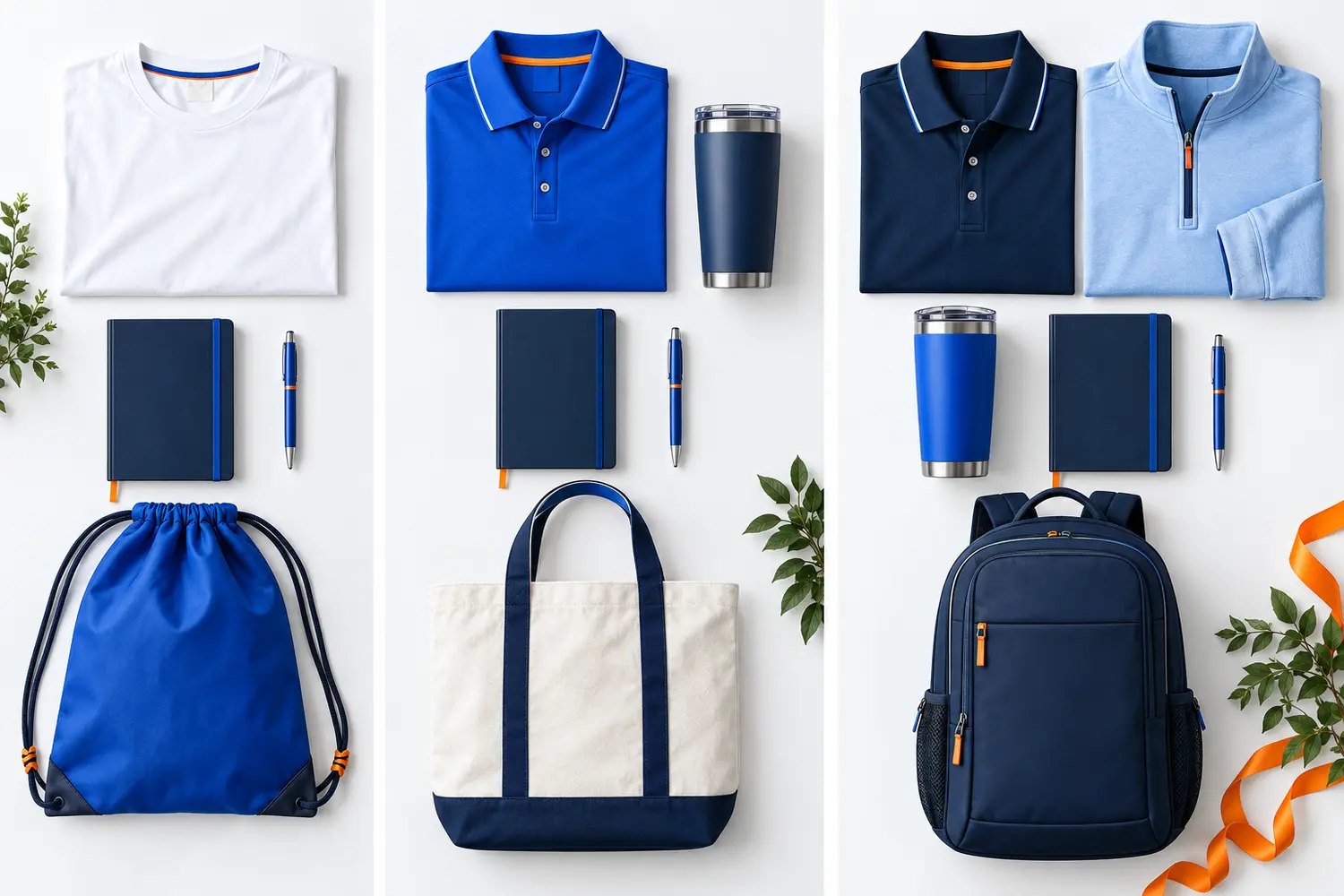 Three new hire welcome kit tiers with shirt, polo, quarter zip, drinkware, stationery, tote, and backpack