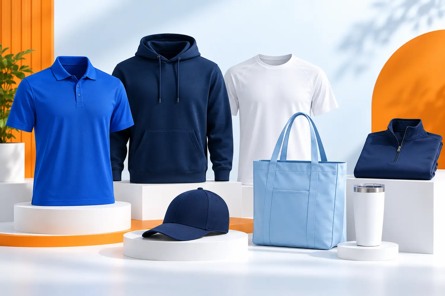 Popular blank polo, hoodie, performance shirt, cap, tote, tumbler, and quarter-zip on a premium studio display