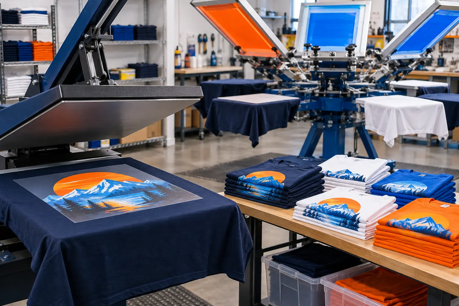 Professional heat press and screen-printing production with completed custom shirts