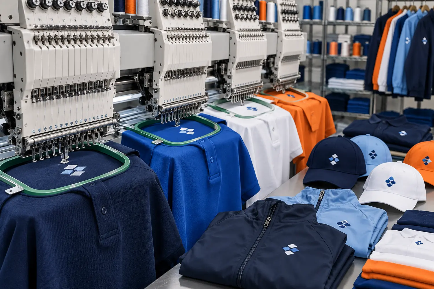 Commercial multi-head embroidery machines stitching polos with finished caps and jackets nearby