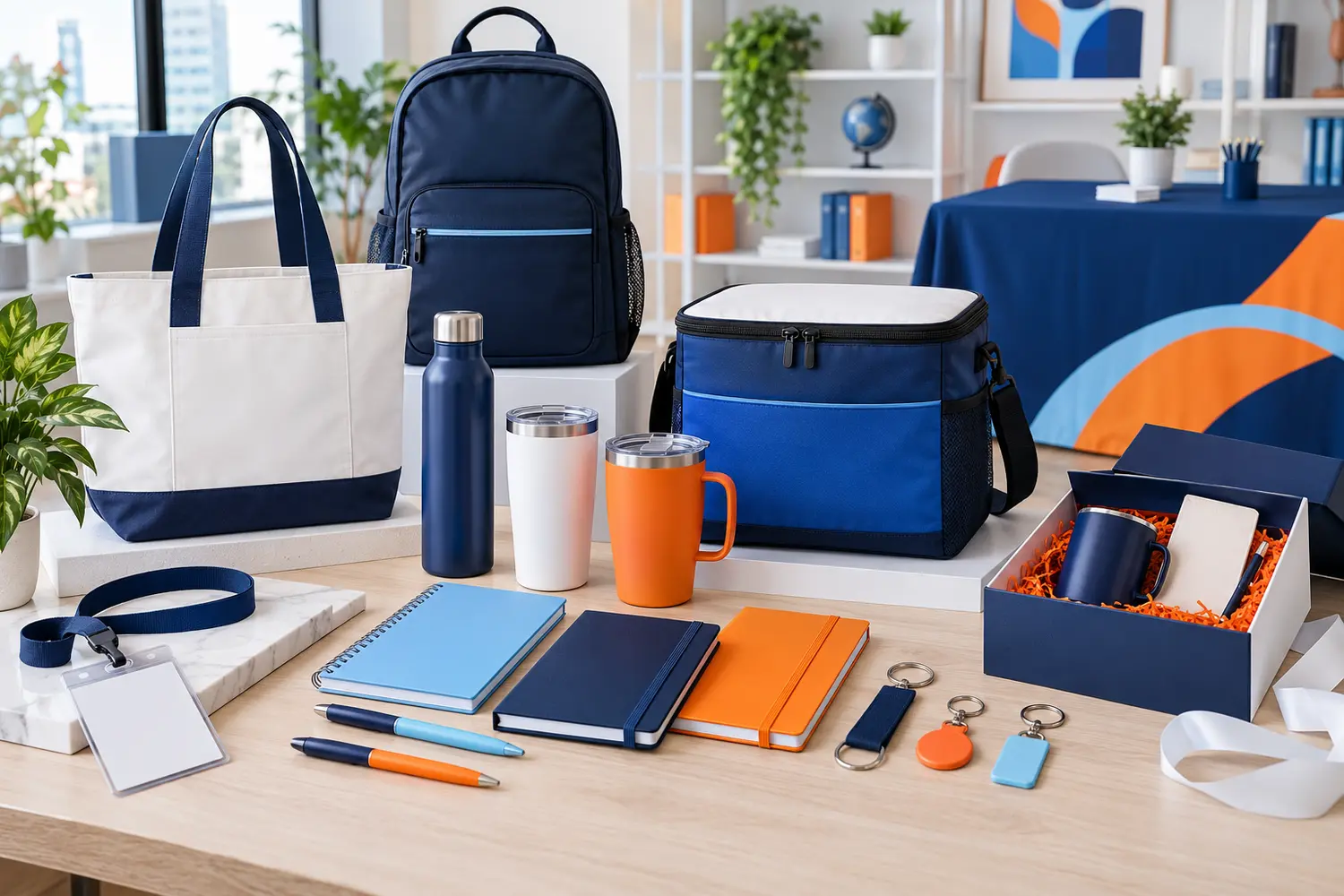 Coordinated promotional bags, drinkware, notebooks, pens, keychains, cooler, and gift box