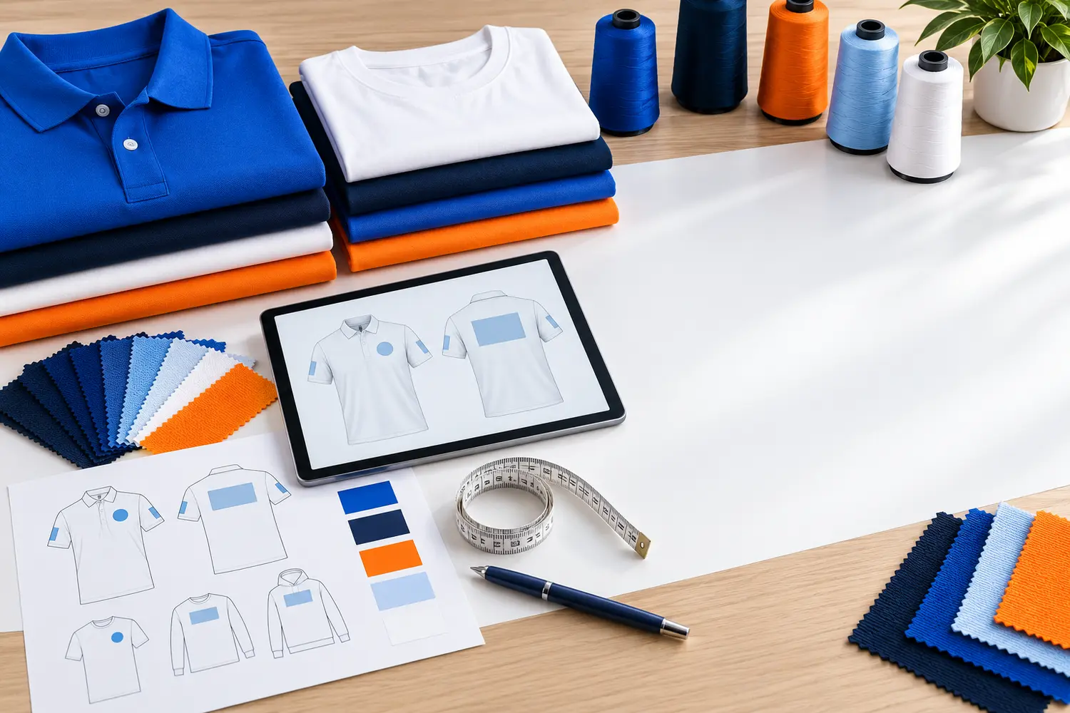 Custom apparel quote planning table with polos, shirts, color swatches, embroidery thread, and garment mockups
