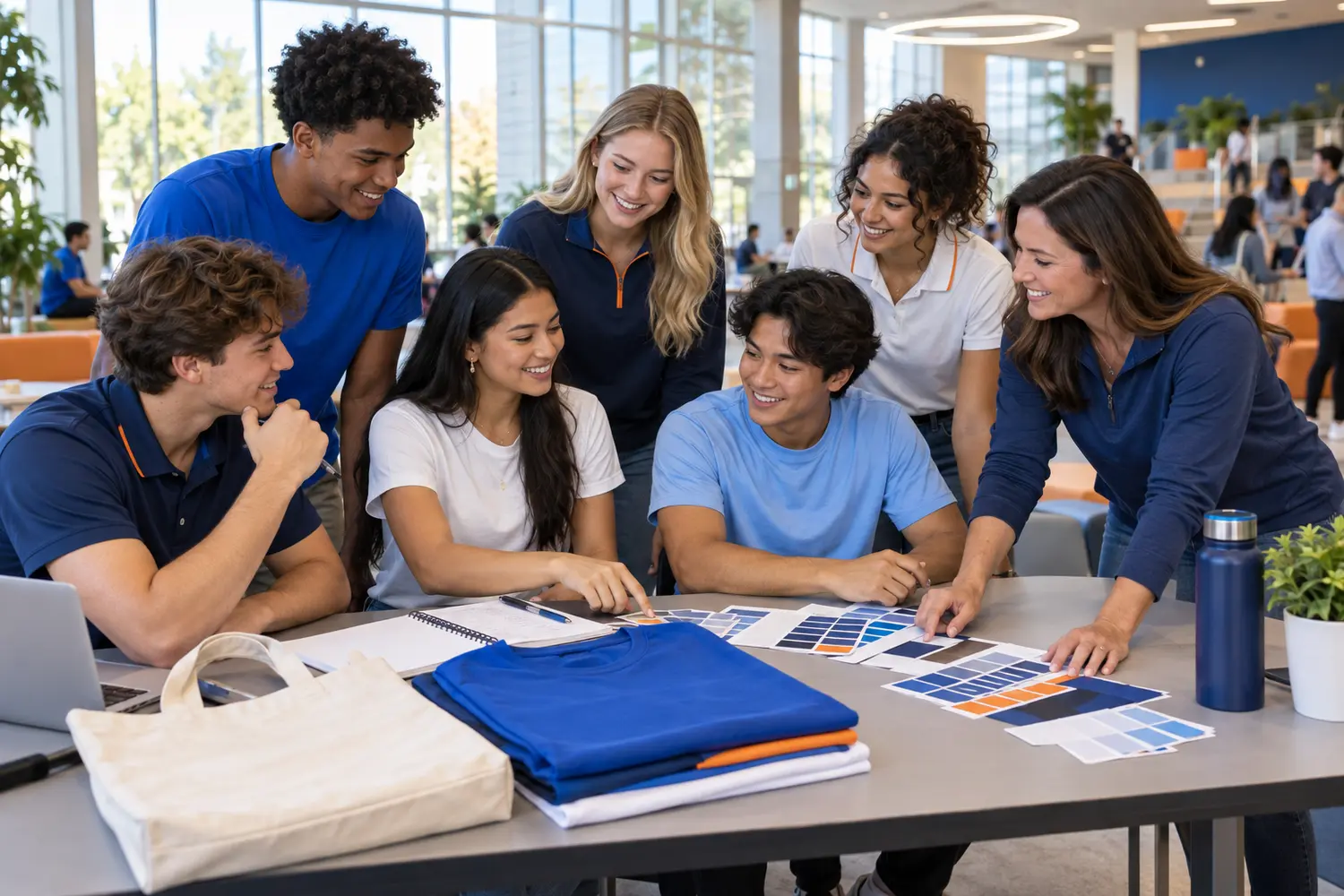 Diverse student club and advisor planning coordinated shirts, polos, pullovers, totes, and colors