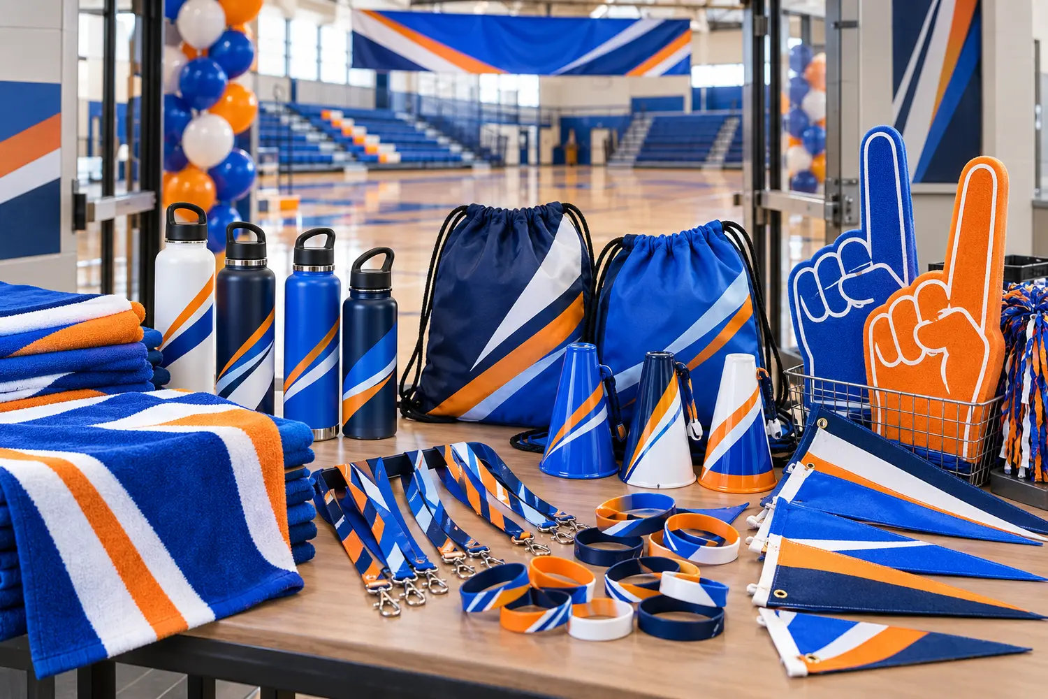 School spirit product display with rally towels, bottles, drawstring bags, megaphones, foam fingers, pennants, and lanyards