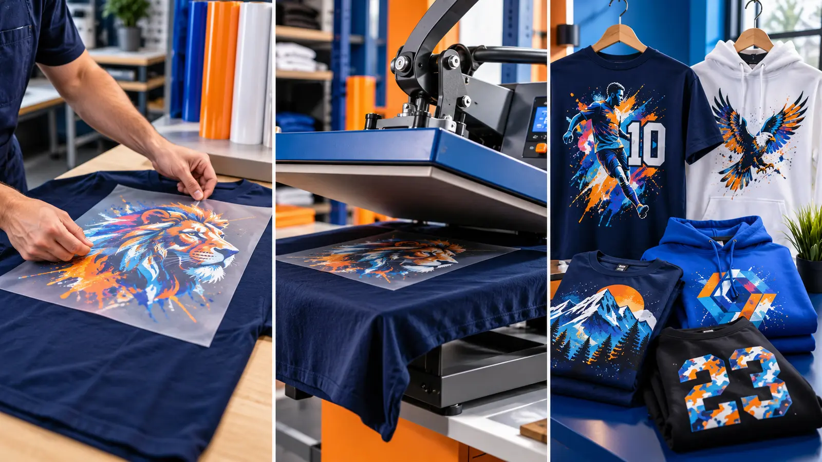 DTF transfer alignment, professional heat pressing, and finished full-color apparel