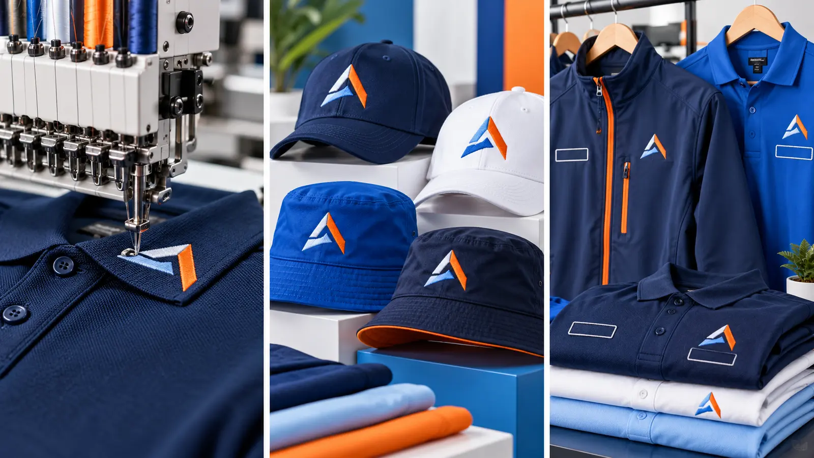 Commercial embroidery, embroidered headwear, and coordinated staff apparel examples