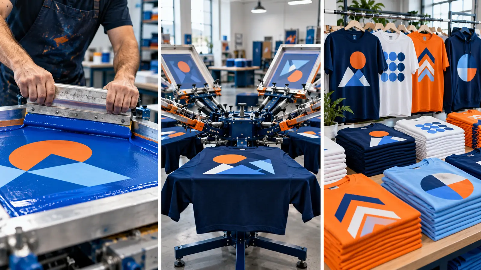 Screen-printing ink application, production carousel, and organized finished shirts
