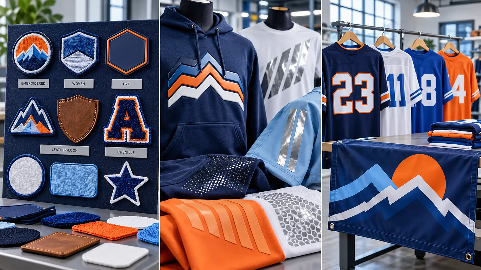 Custom patch types, specialty transfer finishes, personalized jerseys, and a fabric banner