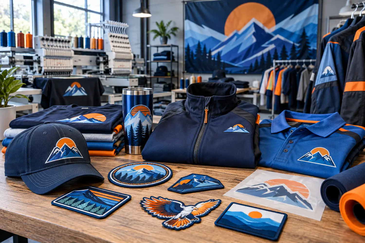 Custom patches, decorated workwear, transfers, and a fabric banner in a professional production studio