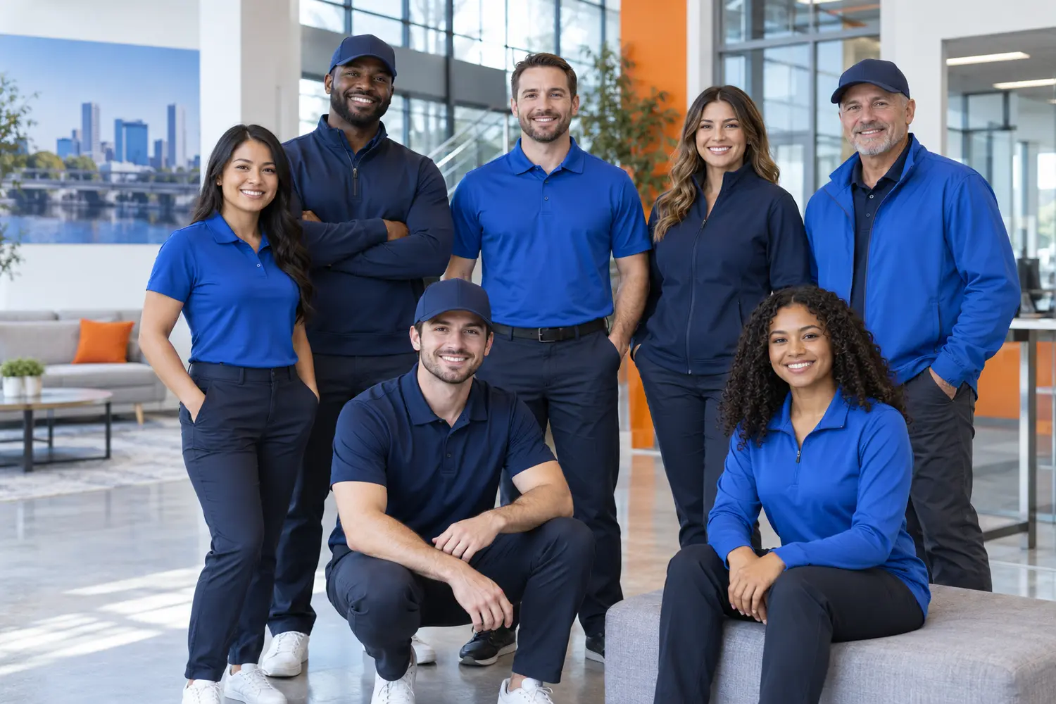 Professional staff wearing coordinated navy and royal blue polos, pullovers, jackets, and caps