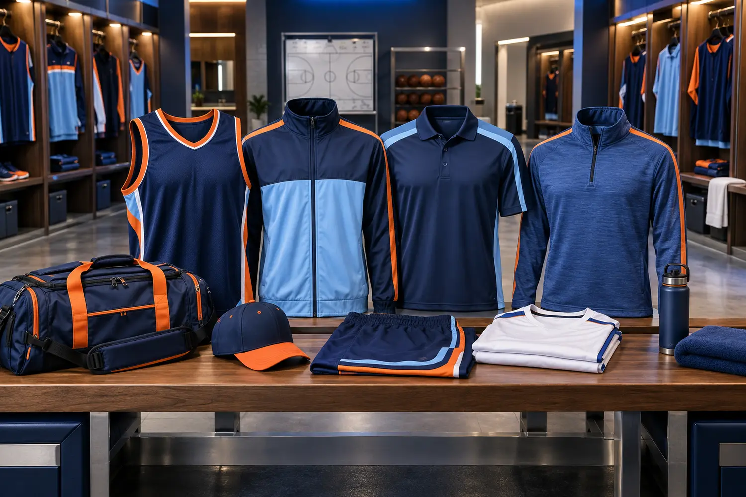 Coordinated performance uniforms, coaches apparel, headwear, and team bags in a modern locker room