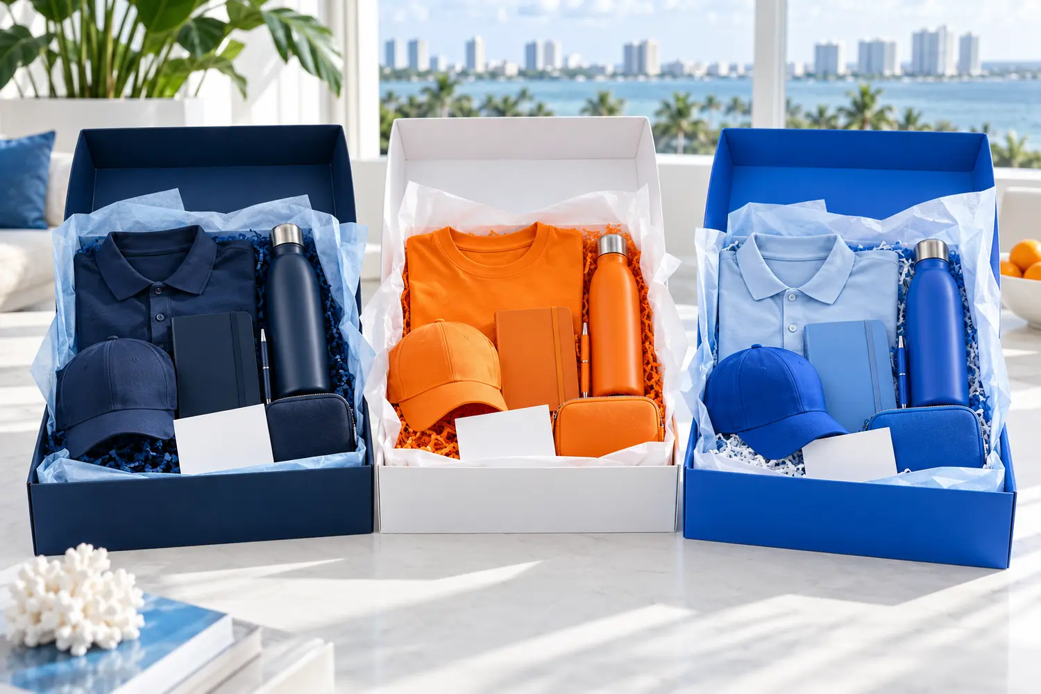 Premium employee welcome kits with shirts, polos, caps, bottles, notebooks, pens, and tech pouches