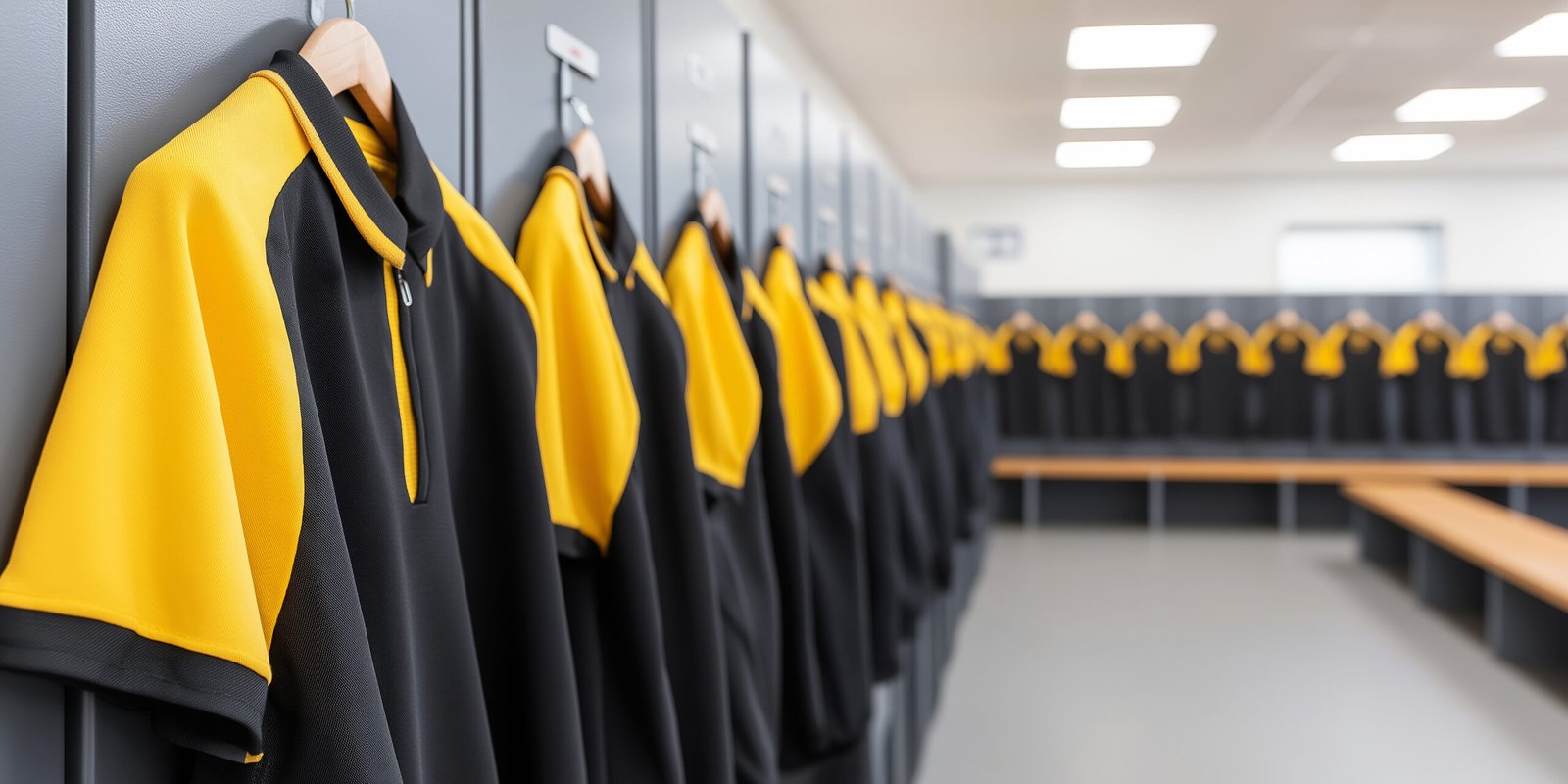 Team uniforms prepared in a locker room