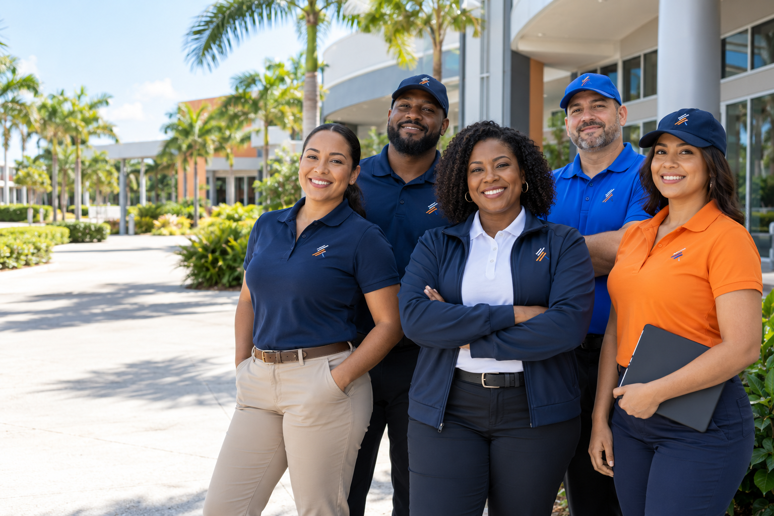 South Florida business team wearing coordinated custom embroidered navy polos