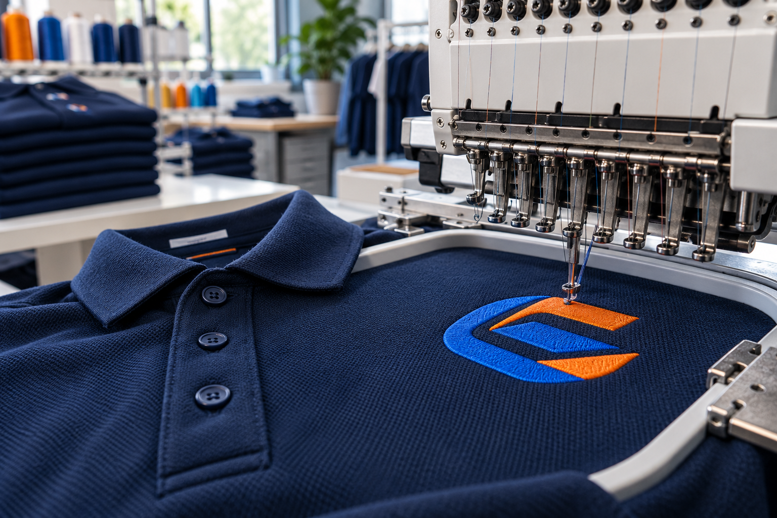Commercial embroidery machine producing a crisp custom logo on a navy polo